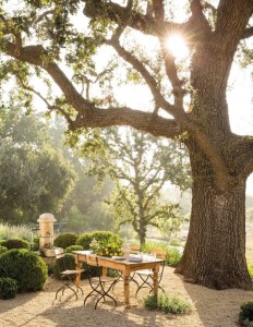 Backyard garden view with gravel path through boxwood shrubs leading towards backdoor of tan house with red tile roof.